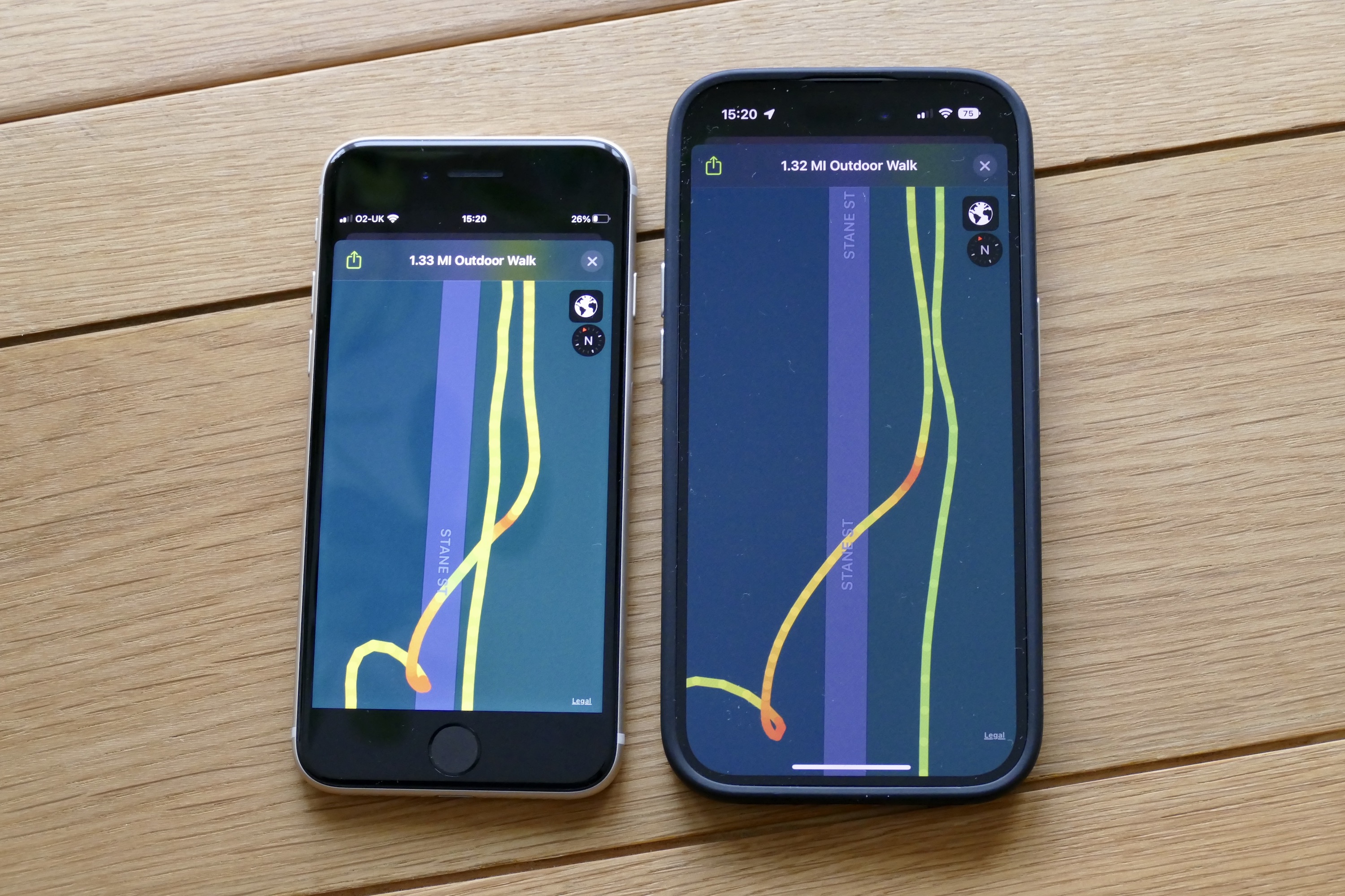GPS map data from an Apple Watch Ultra and the Apple Watch Series 8 shown on an iPhone 14 Pro and iPhone SE 2022.