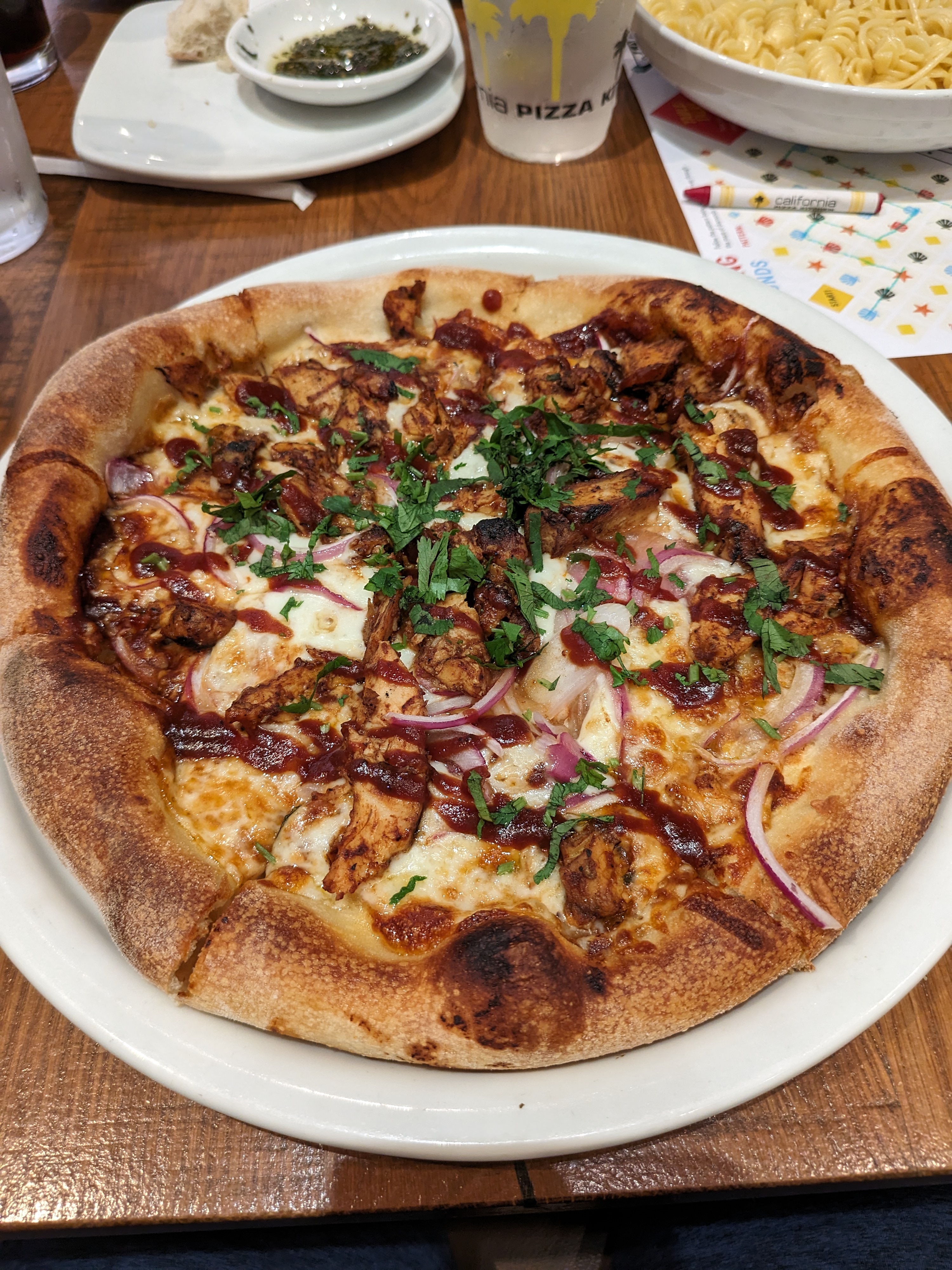 BBQ chicken pizza from California Pizza Kitchen taken with Google Pixel Fold.