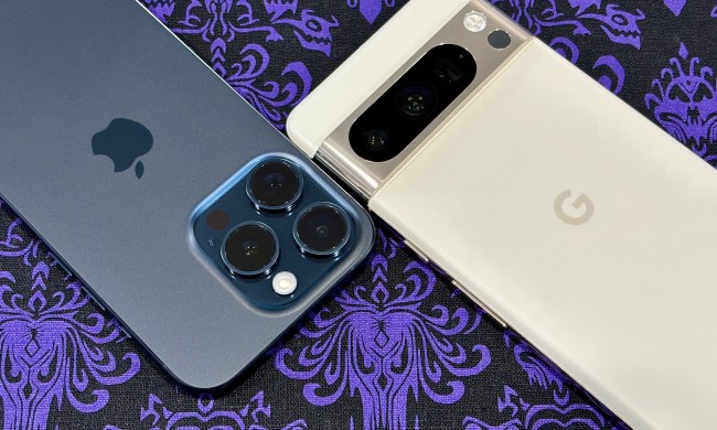 An iPhone 15 Pro in Blue Titanium (left) and Google Pixel 8 Pro in Porcelain showing camera modules.